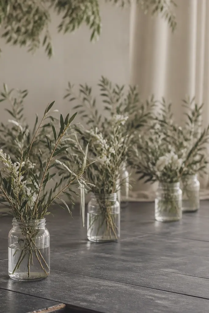Clear glass jars filled with water on the stage floor, each jar holding olive branches and a few small white blossoms.