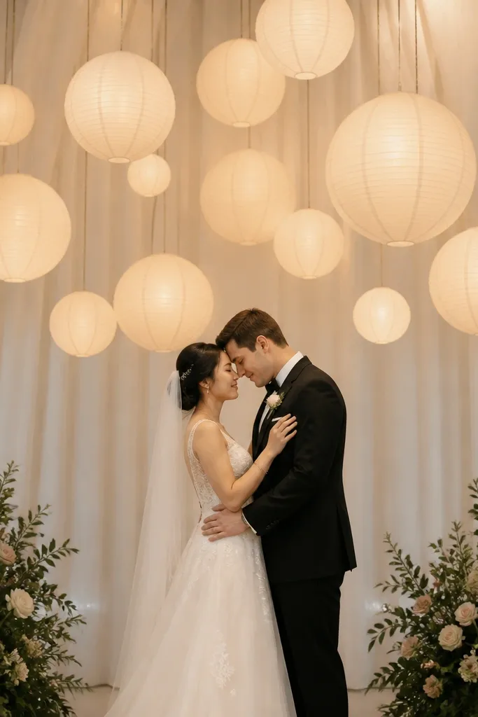 Warm white paper lanterns in three sizes suspended above the stage with thin gold string, forming a soft cluster behind the couple.