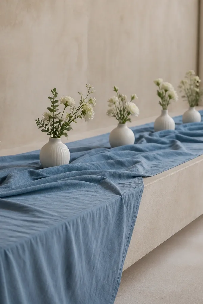 A dusty blue fabric runner laid on a low stage surface with a neat row of small white flowers in bud vases spaced evenly.
