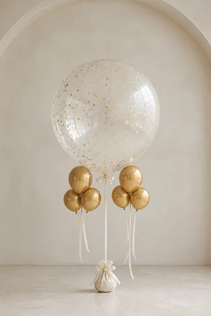 A single balloon balloon centerpiece at center stage - a white balloon with small gold confetti inside, paired with two small gold balloon clusters at the sides.