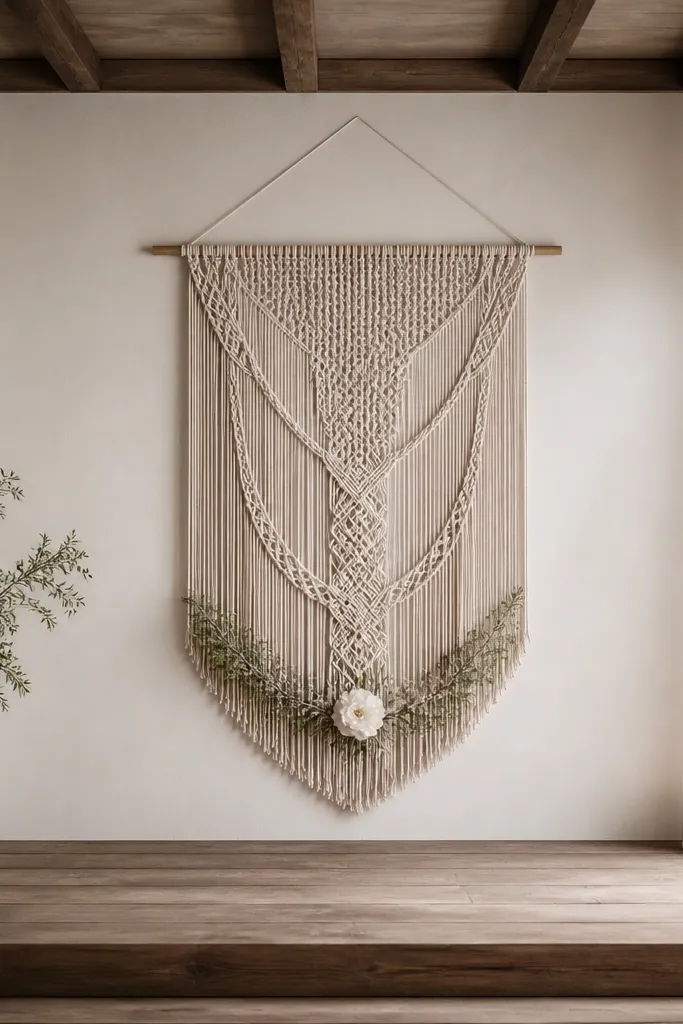A neutral macramé wall hanging centered on the stage wall, with tiny greenery sprigs tucked into the bottom fringe and a single white bloom near the center.