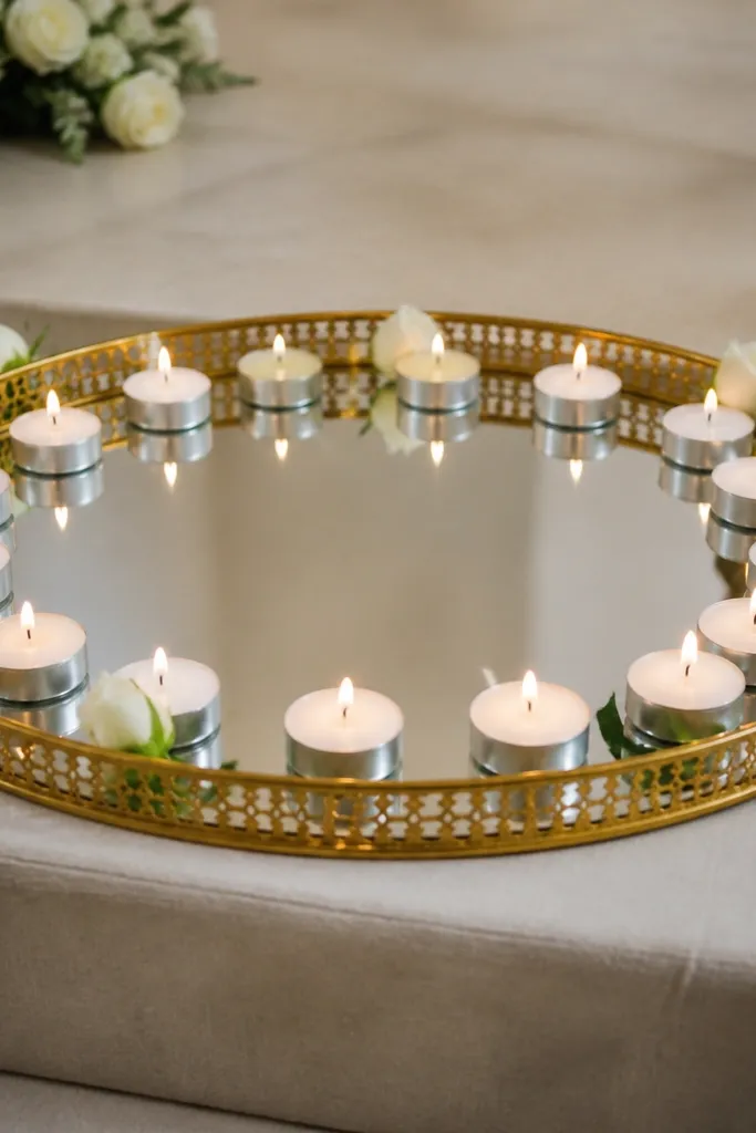A gold-framed mirror tray on the stage with a ring of white tea lights and a few small white rose buds placed around the edges.