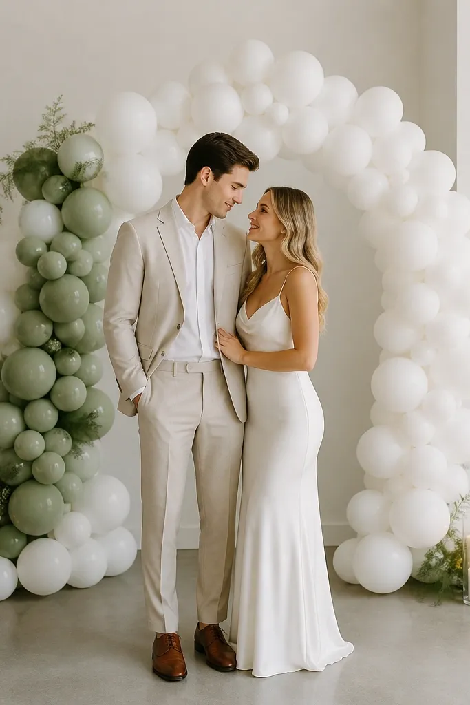 A small white balloon arch behind the couple, with a single vertical strip of sage balloons on one side for contrast.