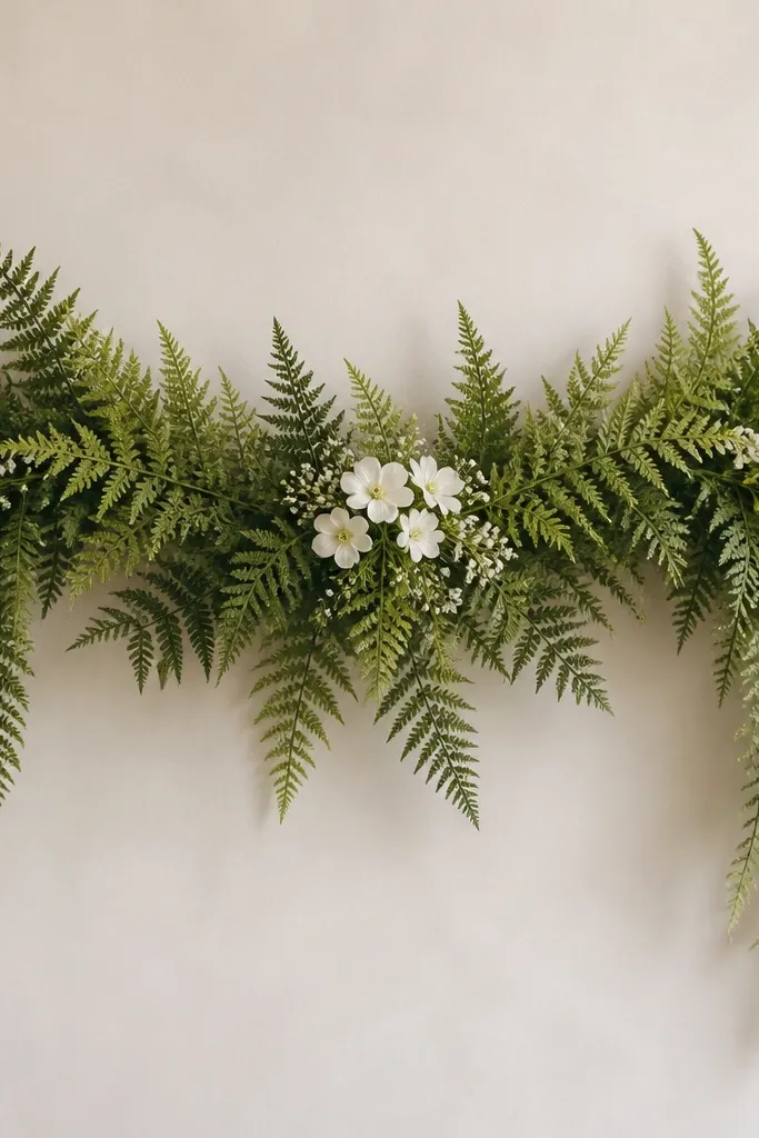 A gentle fern swag draped across a plain backdrop, with a few small white blooms tucked at the center and ends hanging down.