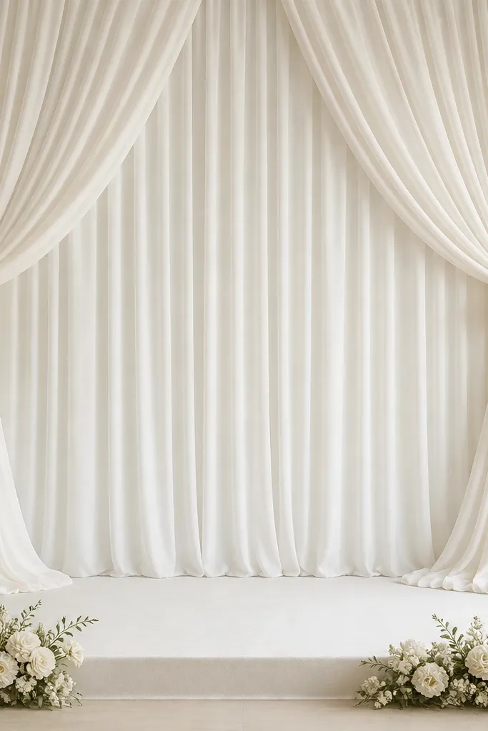 A plain white curtain behind the stage gathered on both sides with large satin bows, creating a neat, symmetrical shape.