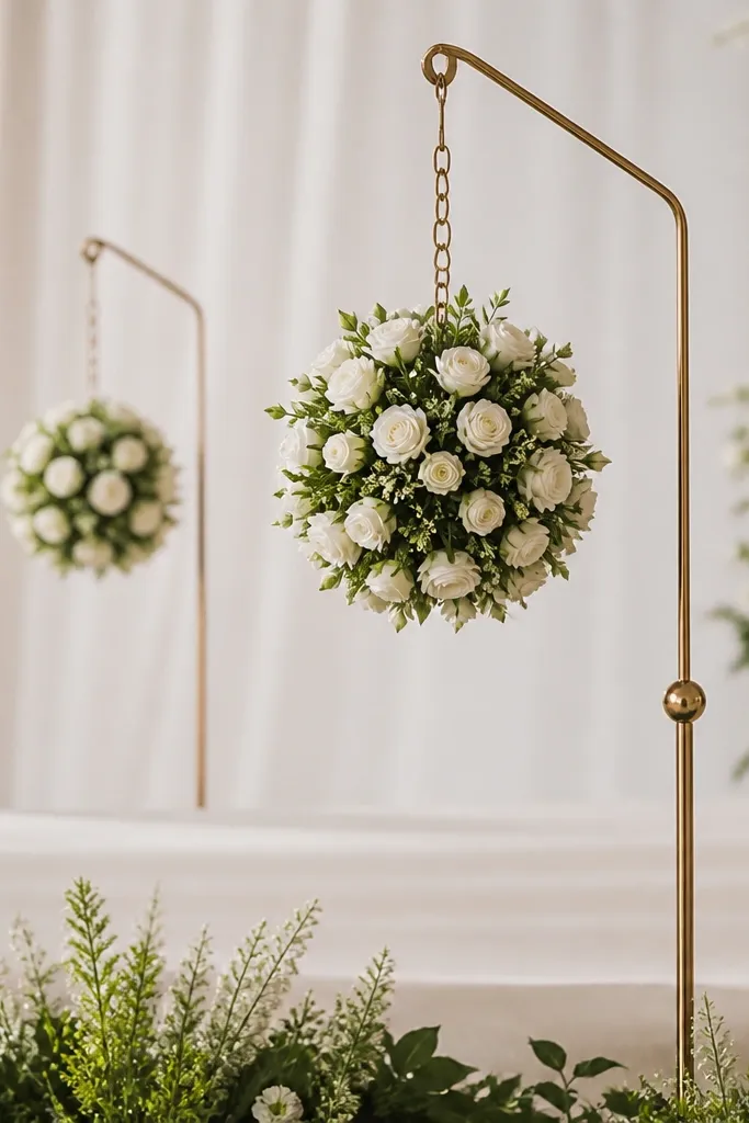 Two small hanging spherical arrangements filled with white rose buds and greenery, suspended from a stand above the stage.