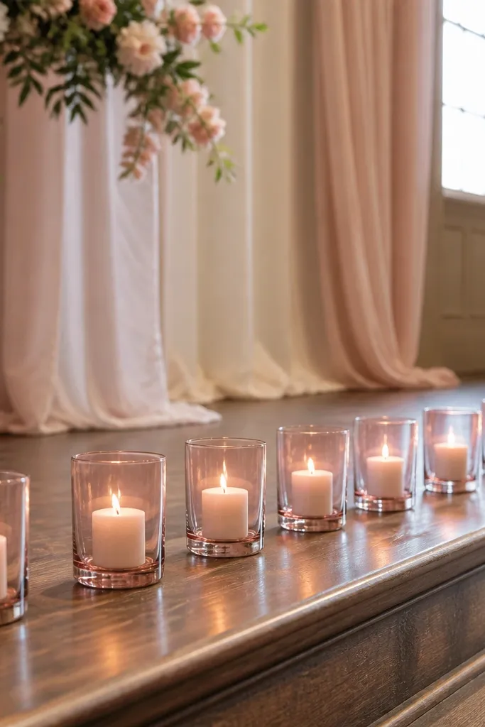 A straight line of blush glass votives on the stage floor or front edge, each with a white candle, spaced evenly.