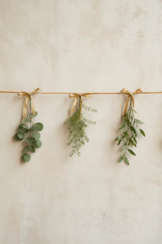 A simple backdrop with a horizontal line of tied gold ribbon strands across the center, with small greenery sprigs hanging from the line.