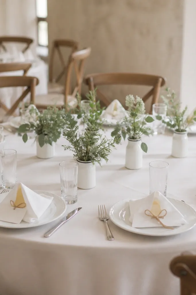 A round wedding table set with white linen napkins folded into a simple triangle on each plate, small white enamel bud vases spaced around the center, and clear water glasses aligned at each seat. Soft greenery sits low in the vases; place cards are small and tied to the napkin with twine.