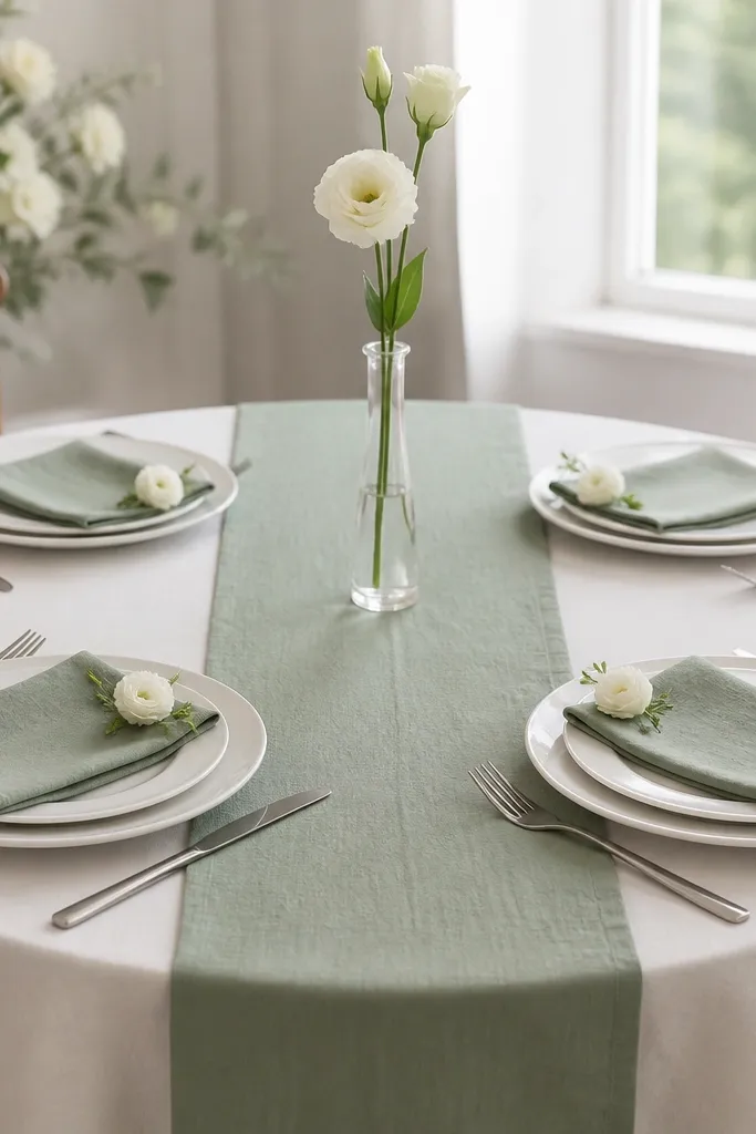 A round table with a sage green runner centered beneath the plates, simple white dinnerware, and one tall single-stem bud vase in the middle. Each place has a sage napkin folded flat with a small white flower tucked at the corner.