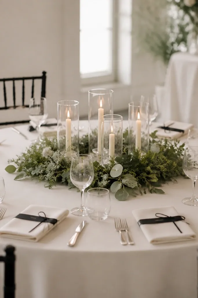 A round table with cream napkins, black place cards tied with thin ribbon, and a low candle ring in the center made of greenery and unscented taper candles in glass holders.
