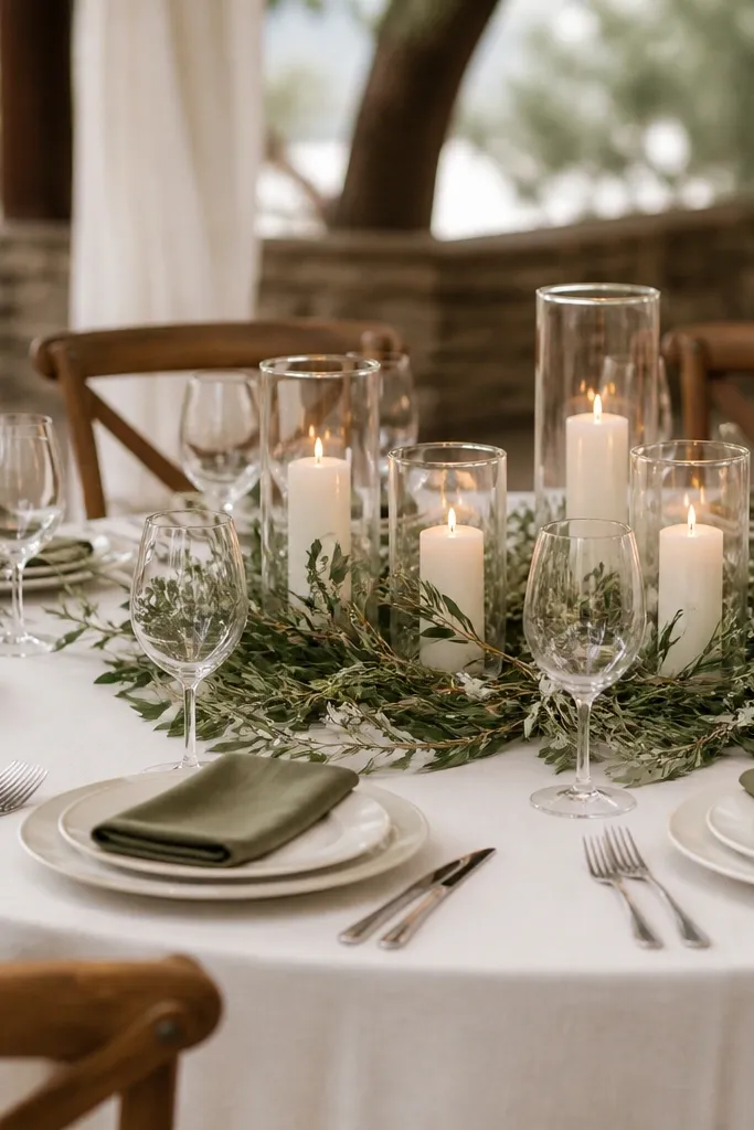 A round table wrapped with a low greenery garland around the center, white taper candles in glass cylinders, and simple white place settings with matching olive napkins.
