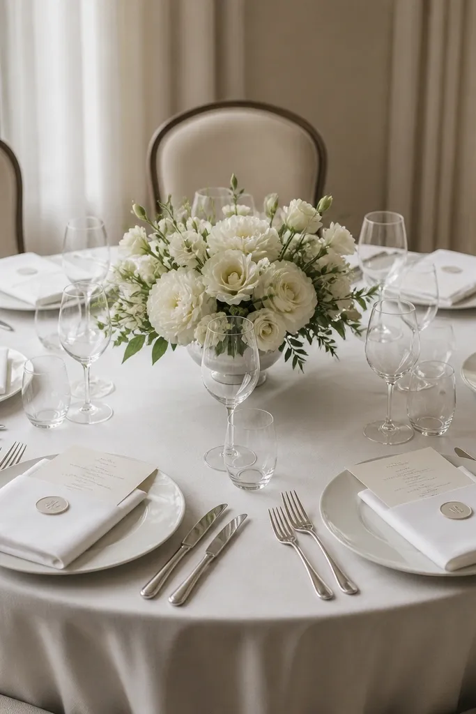 A round table with white napkins folded into a square, each napkin has a small monogram sticker, and matching menu cards sit centered on each plate. The center has a single low floral bowl with white flowers.