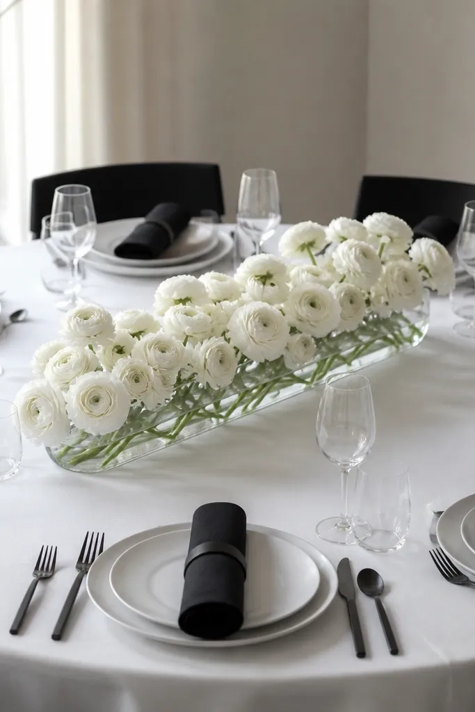 A round table with black linen napkins folded into a roll, white ranunculus flowers placed in a low clear glass trough in the center, and white plates with black cutlery handles.