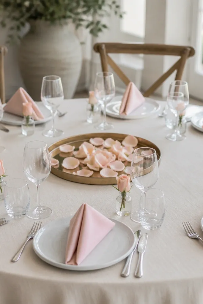 A round table where each place setting has a small clear glass vial holding one blush rose bud, with blush napkins folded to a point. The center is a simple tray with scattered rose petals.
