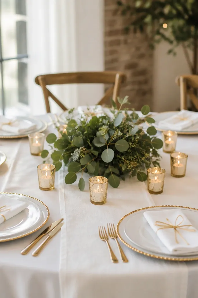 A round table with a white runner, small gold confetti candles arranged around a central greenery clump, and matching gold-rim plates. Each napkin is white with a thin gold ribbon tie.