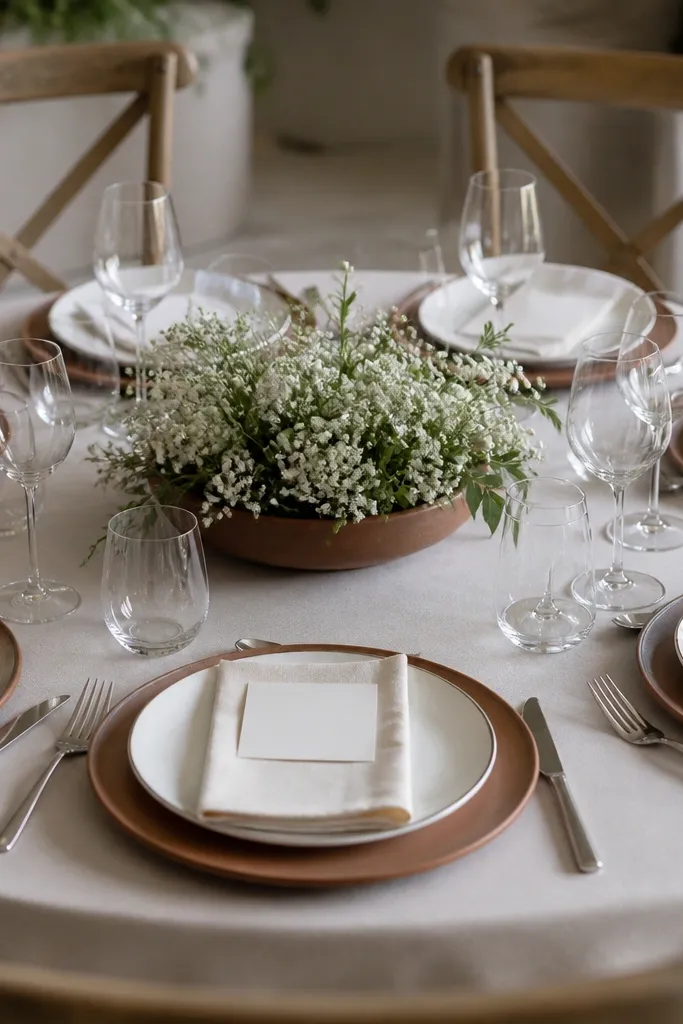 A round table with white plates and terracotta plate accents, cream napkins, and a low center bowl filled with tiny white micro-flowers and greenery. Place cards sit on top of the napkins.