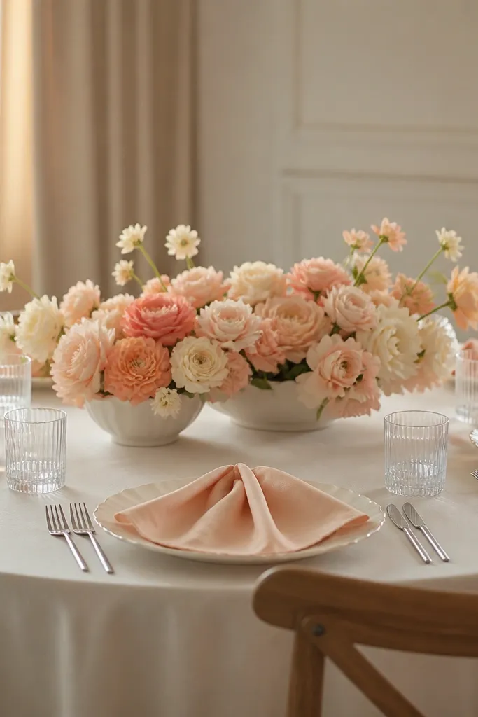 A round table with peach-silk napkins folded into a soft pleat on each plate, and a center featuring white ceramic scalloped bowls filled with peach and cream blooms. The table uses simple flatware and clear water glasses.