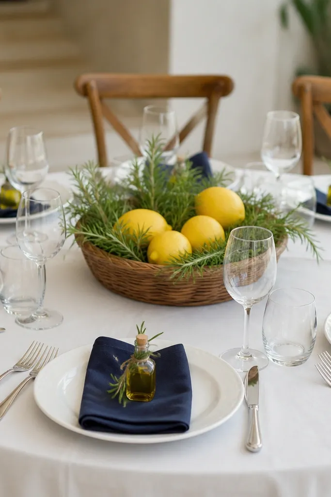 A round table with white plates, navy napkins folded into a simple fold, and each place has a small olive oil mini bottle with a rosemary sprig tied around it. The center has a low basket of rosemary and lemons.