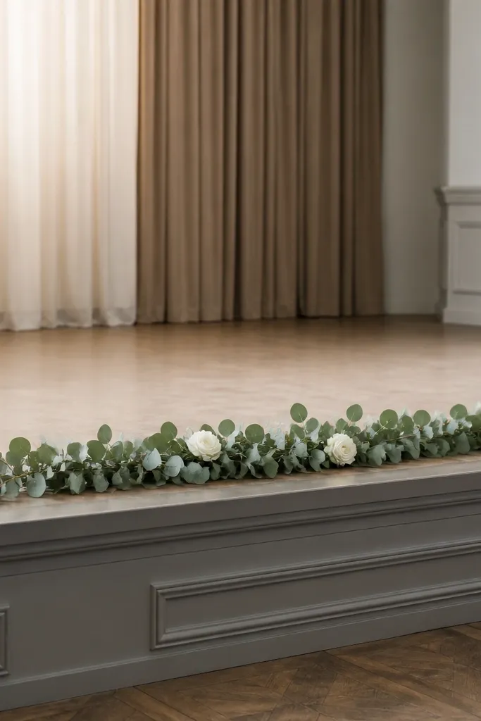 A long eucalyptus garland laid in a straight line across the stage front edge. Two groups of short white taper candles sit left and right on small gold trays, with a few ivory rose heads tucked into the greenery.