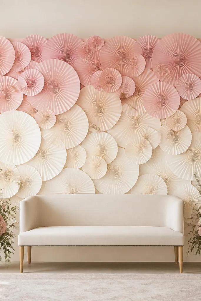 A backdrop made of layered paper fans in blush pink and cream arranged in a gentle gradient. The fans form a wide rectangle behind the seating area.