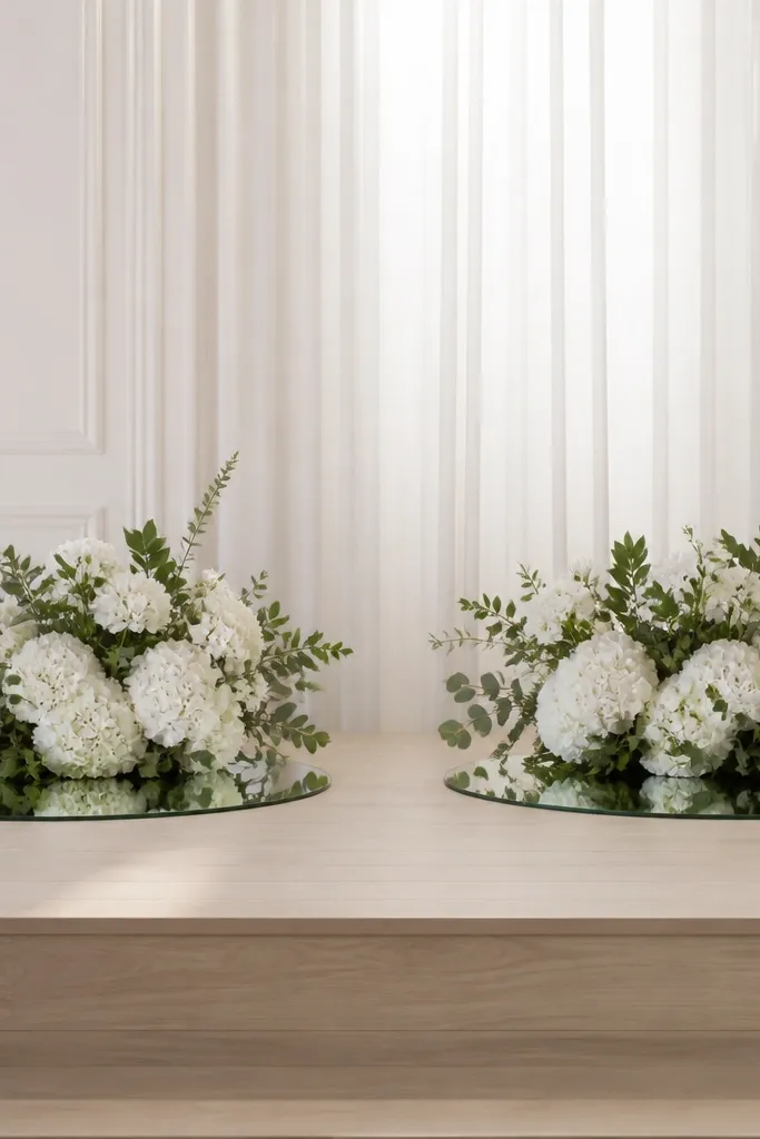 Two mirrored trays sit on the stage floor, each holding a low mound of white hydrangeas with scattered greenery. The mirrors catch light and reflect the flowers softly.