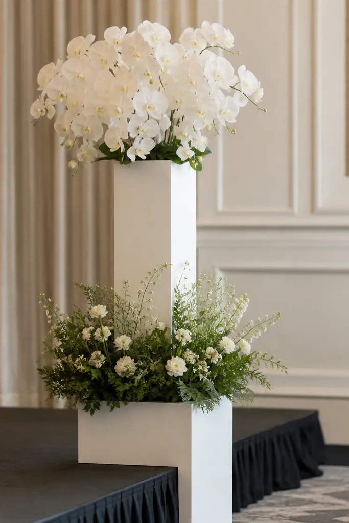 A tall two-tier pedestal stands at the stage edge. The top holds white orchids in a tight arrangement, while the base tier is filled with greenery and small white blooms.