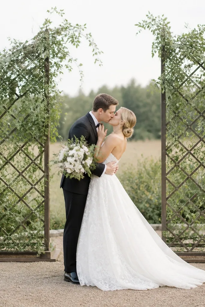 Two freestanding trellis panels create a simple arch shape at the center behind the couple. The trellises are wrapped with greenery and a few trailing vines.