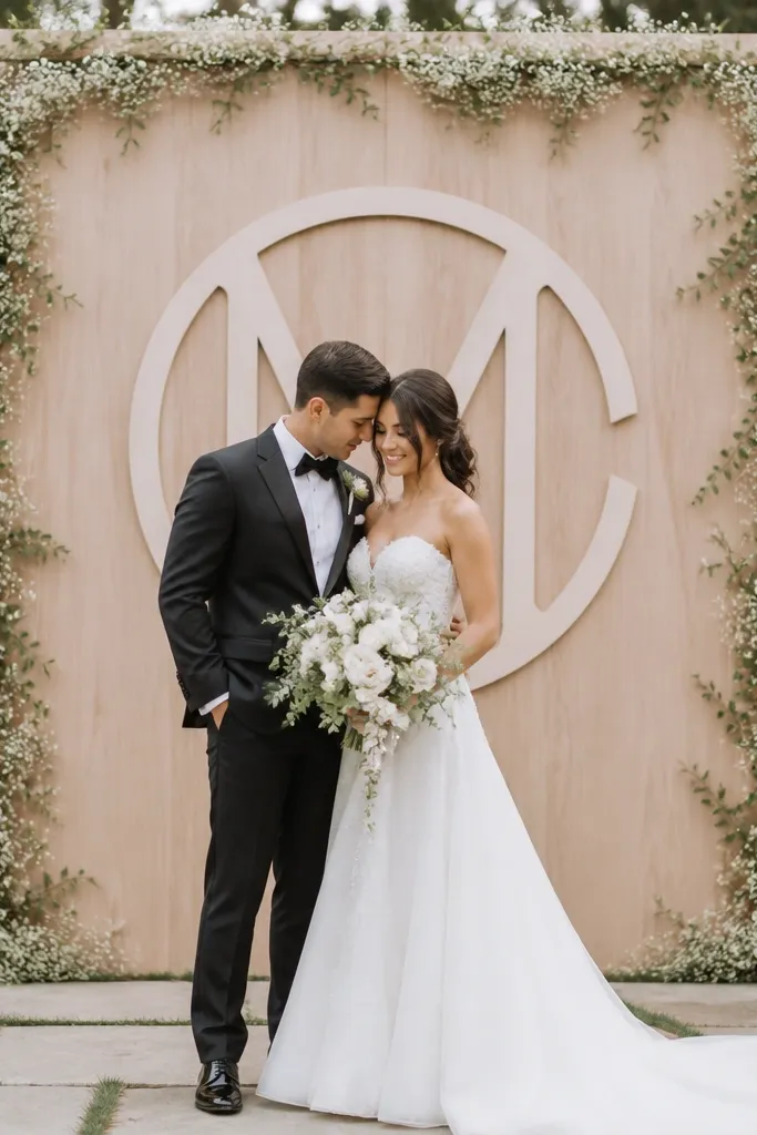 A freestanding monogram sign in white or natural wood sits behind the couple. A thin border of small white flowers and greenery frames the edges of the sign.