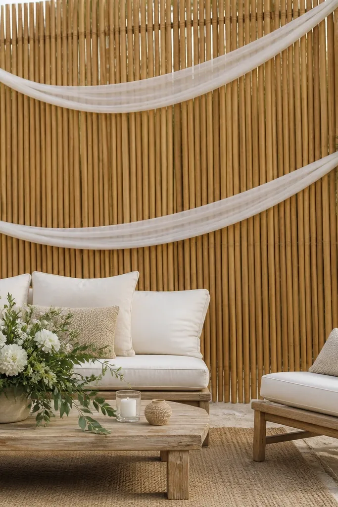 A tall bamboo screen stands behind the seating area. Sheer white ribbon drapes diagonally across it, with a few small greenery sprigs tucked at ribbon knots.