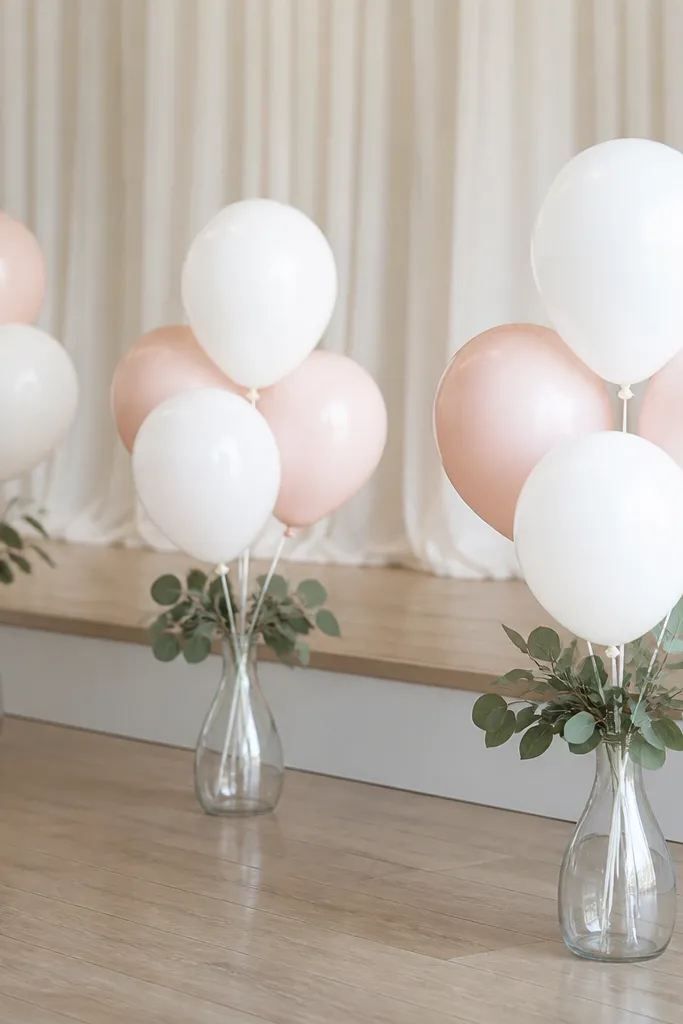 Clear glass vases on the stage floor each hold a small cluster of balloons. The balloons are white and blush, with a few greenery leaves tucked around the vase opening.