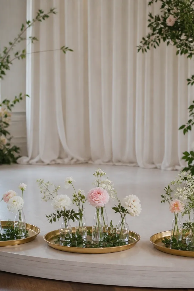 Three gold trays sit across the stage front. Each tray has small bud vases with single stems of white and blush flowers, plus scattered greenery.