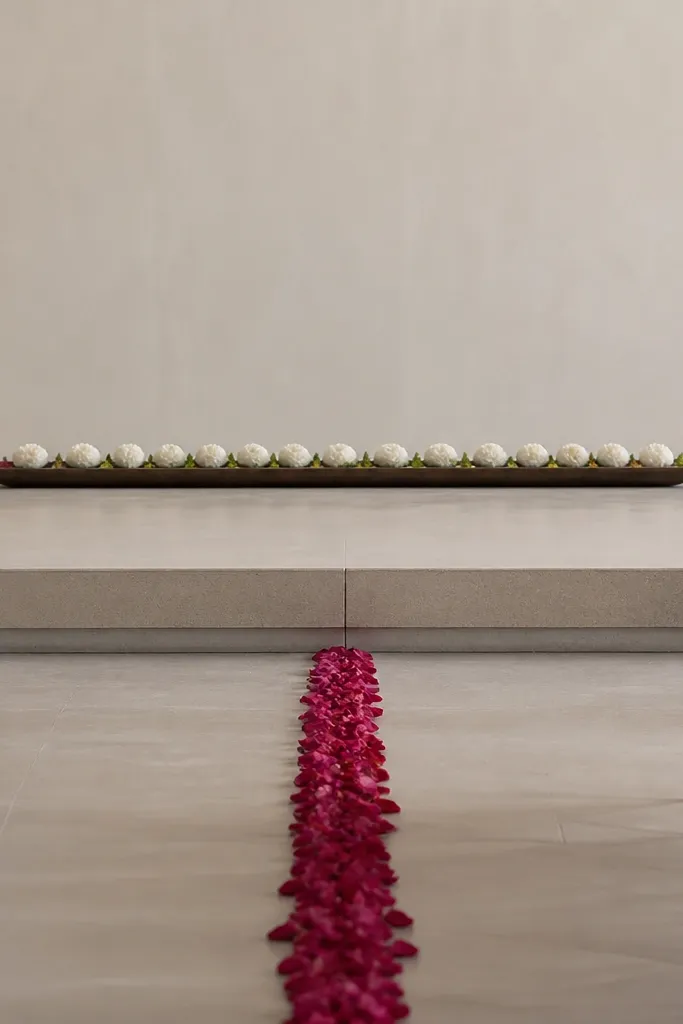 A clean line of rose petals sits along the aisle leading up to a simple stage base. On stage, a matching row of petals is echoed with small white flower heads in a shallow tray.