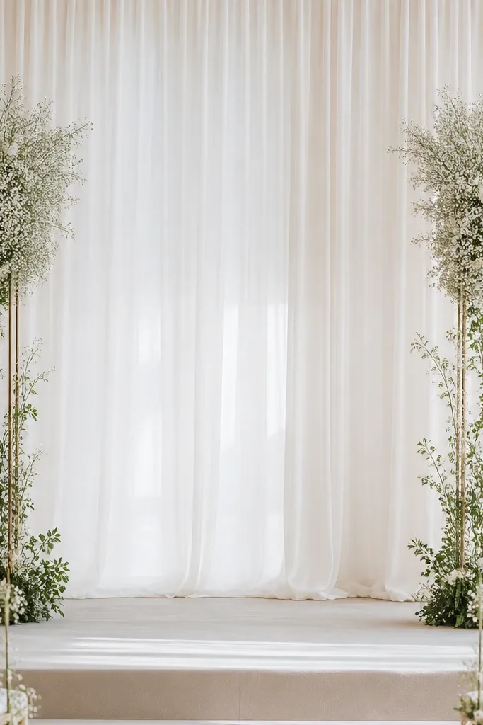 Two tall columns of baby's breath and tiny white flowers sit in slim stands at the sides of the stage. A few greenery stems wrap the base and small white blossoms climb upward.