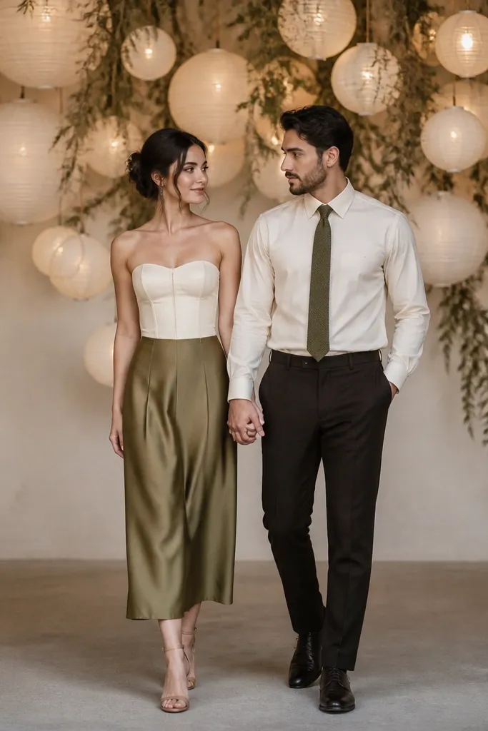 A bride wears an olive satin midi skirt with a cream structured corset-style top. The groom wears a cream shirt and olive knit tie with dark trousers. A hanging paper lantern installation glows behind them.