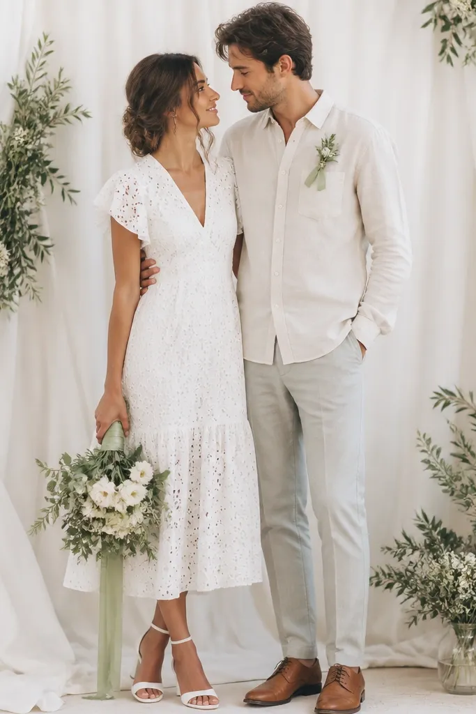 The bride wears a white eyelet midi dress with flutter sleeves. The groom wears a cream linen shirt and pale gray trousers with a sage ribbon boutonniere. A compact backdrop uses white fabric and small sage accents.
