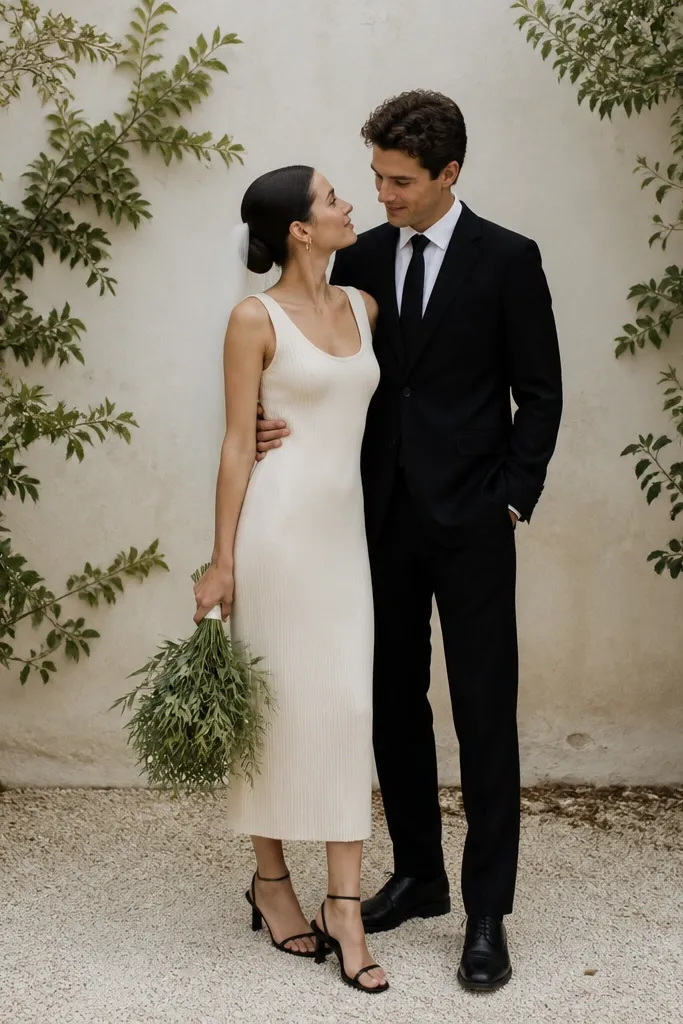 The bride wears an ivory knit midi dress with a scoop neckline. She has black strappy sandals and a short veil. The groom wears a black watch cap-style beanie? - no, a black suit with a white shirt and black tie. A simple greenery backdrop frames them.