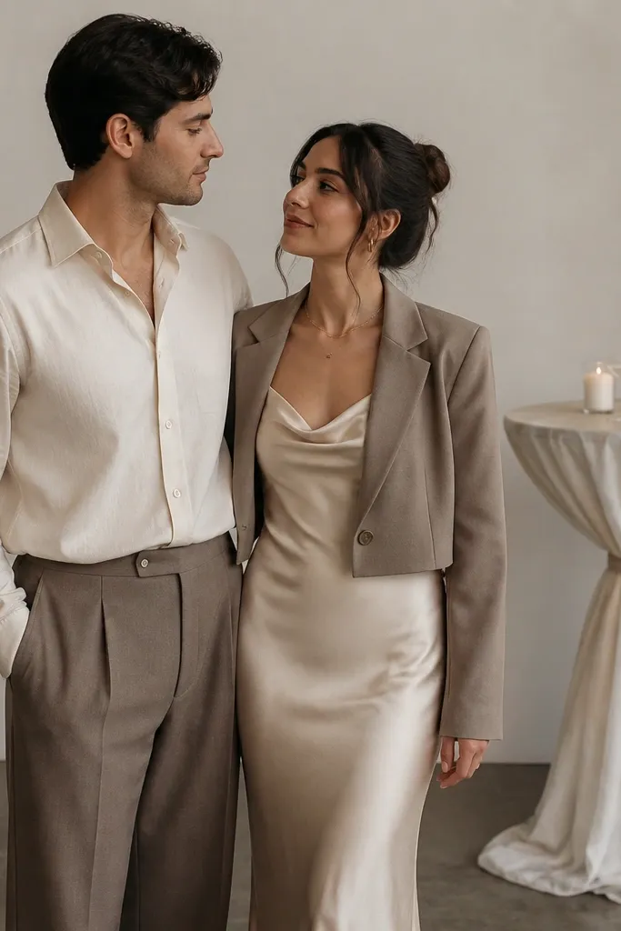 Bride wears a champagne satin slip dress with thin straps and a taupe cropped blazer. Groom wears a cream shirt with taupe trousers. A compact cocktail table sits behind them with champagne napkins and small candles.