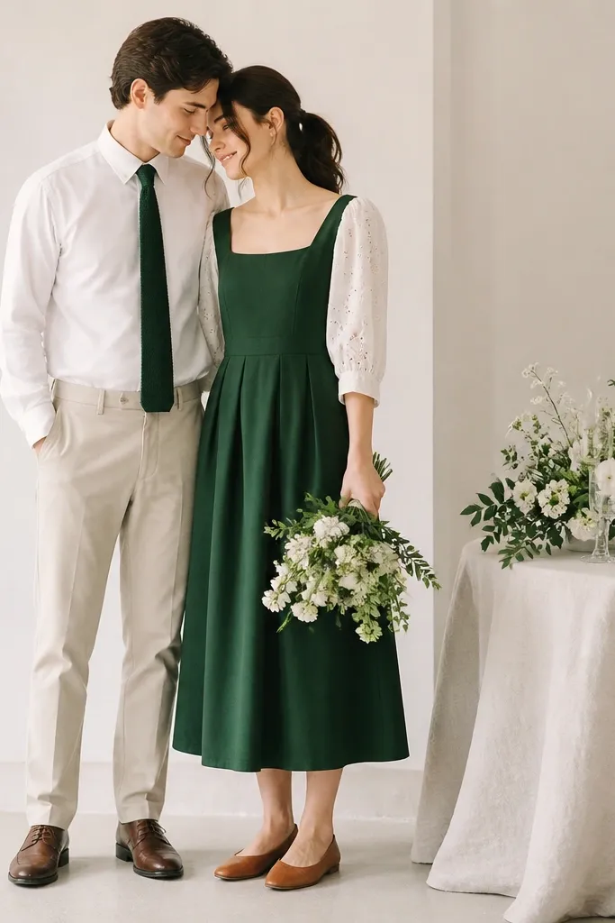 Bride wears a forest green dress with white eyelet sleeves and a fitted waist. She wears tan flats. Groom wears a white shirt and forest green knit tie with beige trousers. A compact floral table with white-and-green blooms sits nearby.