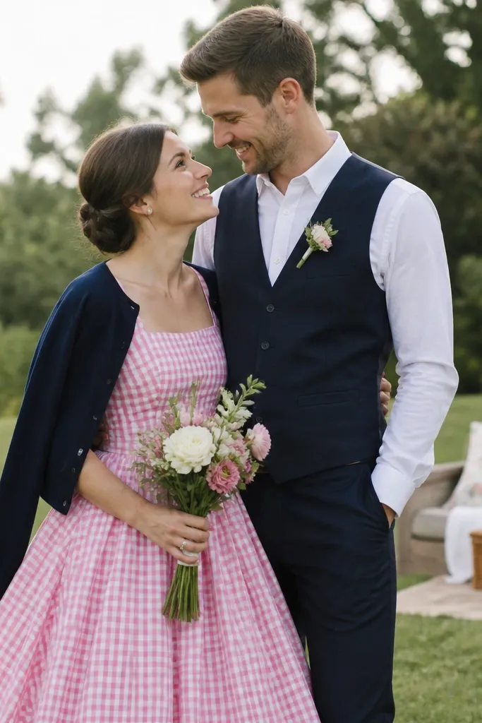 Bride wears a pink gingham dress with short sleeves and a full skirt. She has a navy cardigan draped over her shoulders. Groom wears a navy vest and white shirt. A compact picnic-style seating area sits behind them.