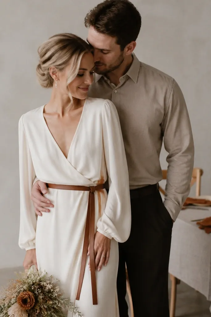 Bride wears an ivory wrap dress with a tie waist and caramel leather belt. Groom wears a light tan shirt and dark trousers. A small candlelit table with caramel napkins sits behind them.