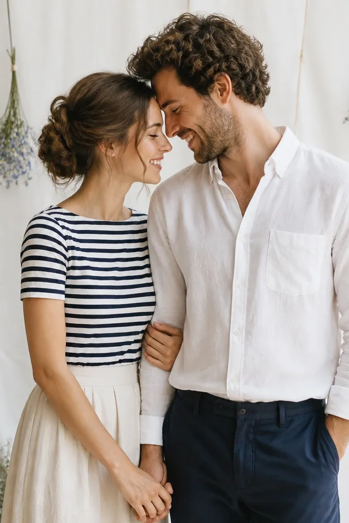 The bride wears a navy-and-white striped top with a high-waist cream linen skirt. The groom wears a white linen shirt with navy trousers. The background has white fabric and small blue wildflower bundles.