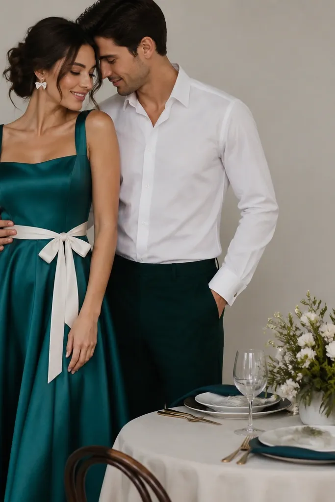 Bride wears a teal satin midi dress with a white bow at the waist and small white bow earrings. Groom wears a white shirt and dark green trousers. A compact table has teal napkins and white candles.