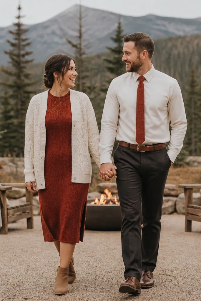Bride wears a brick-red knit midi dress with a cream cardigan. She has tan ankle boots. Groom wears a cream shirt and dark trousers with a brick-red knit tie. A small fire-pit seating area sits behind them.