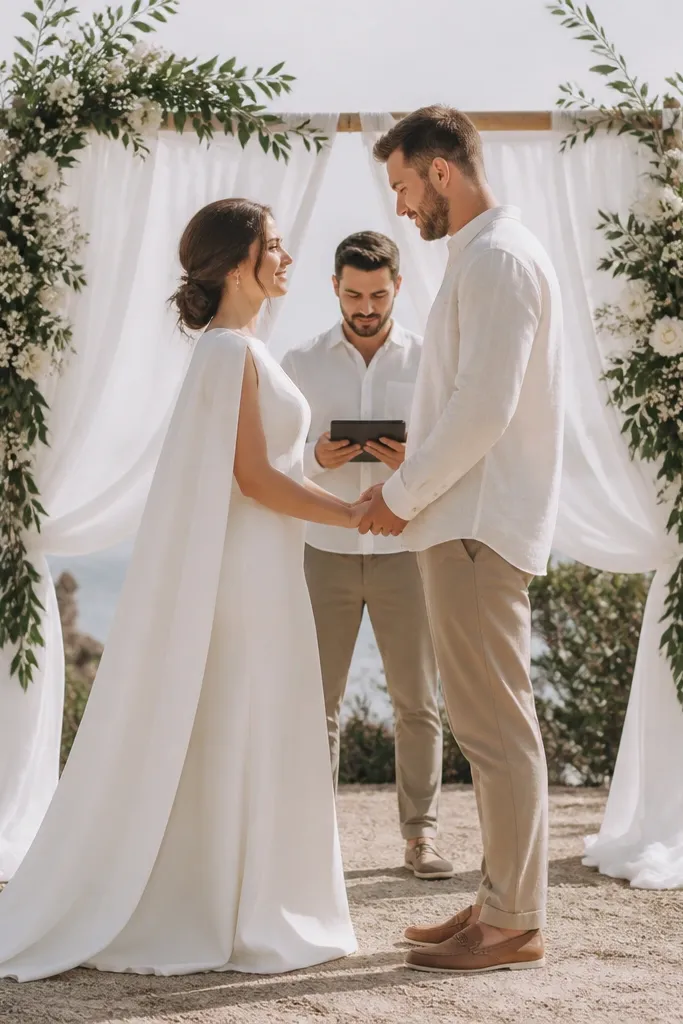 Bride wears a white maxi dress with a removable cape overlay draping from the shoulders. The groom wears an ivory linen shirt and tan trousers. The ceremony backdrop is a small floral frame with white fabric.