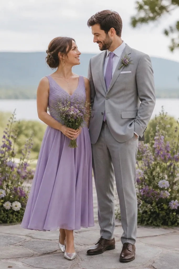 Bride wears a muted lavender midi dress with a soft gathered skirt and silver flats. Groom wears a light gray suit with a lavender tie and white shirt. The ceremony backdrop uses purple wildflowers in a small cluster.