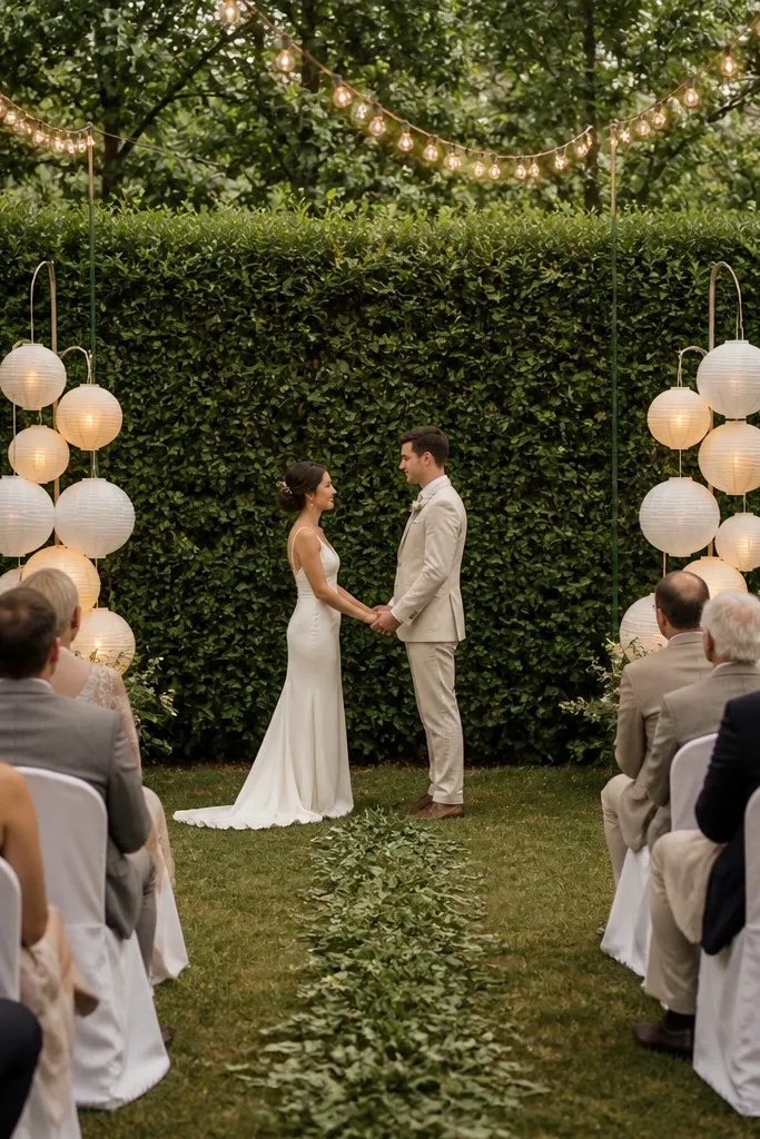 A backyard ceremony with a hedge as the backdrop. Two clusters of white and beige lanterns hang from stands on either side of the couple area. A thin greenery runner runs along the ground, and guests sit on white chair covers. String lights create a soft glow.