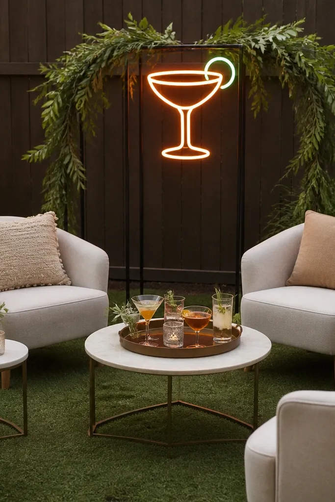 A backyard cocktail corner with two sets of lounge chairs, small round side tables, and a tray of drinks. The chairs are upholstered in neutral fabric. Behind them, there's a simple greenery garland and a neon sign on a freestanding stand. Fairy lights wrap around a nearby pole.