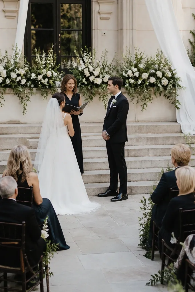A ceremony setup on patio steps. The couple stands on a lower step, with a two-level flower box arrangement on the landing. White fabric drapes down the side of the steps. Guests sit in a semi-curve with chairs slightly angled.