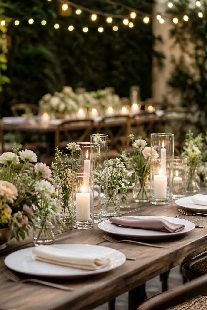 A reception table with white flat plates, mismatched napkins in soft neutrals, and low garden-style centerpieces. There's a single line of candles in glass holders across the table, with small bud vases between. The background shows greenery and string lights.